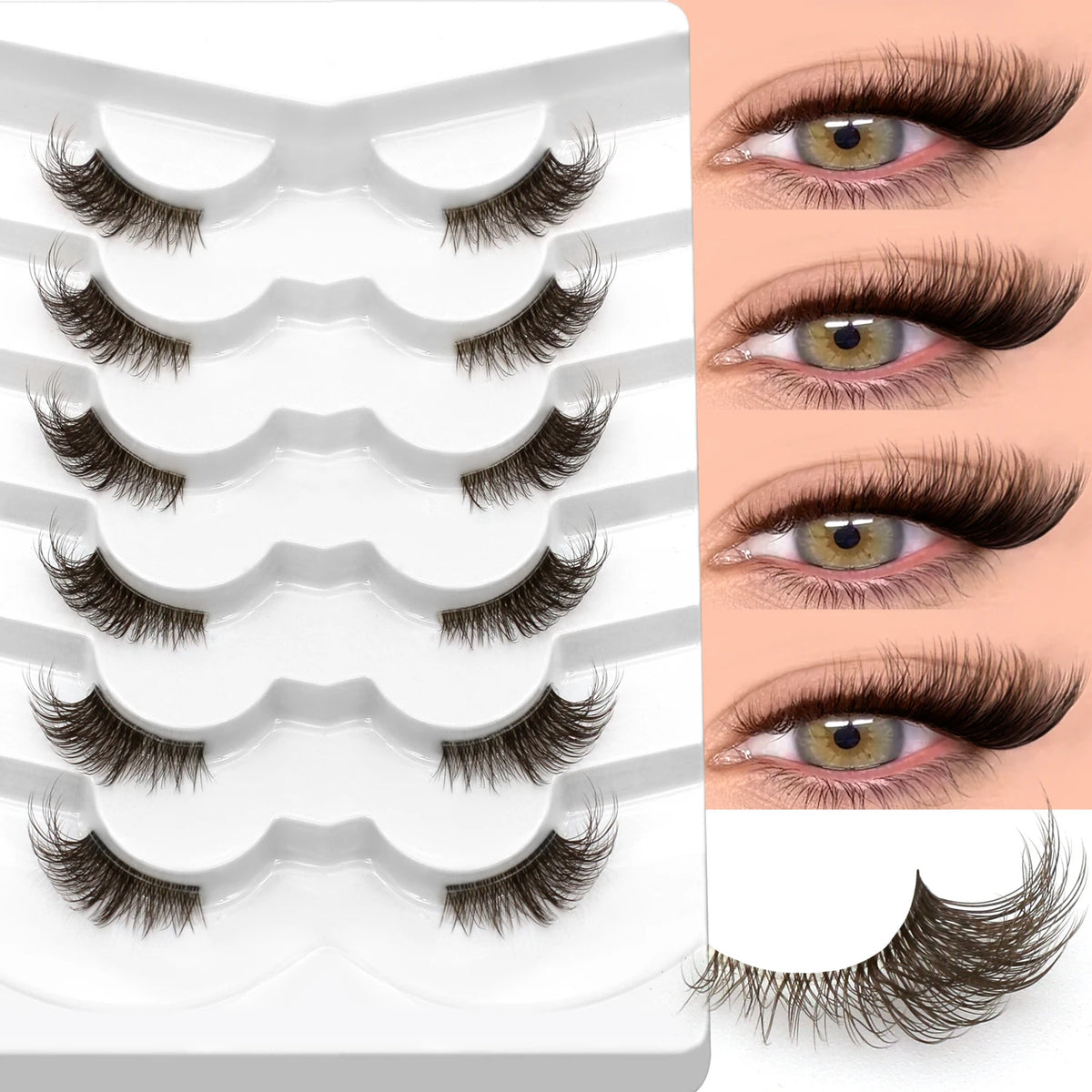 VELTRINAY Brown Half Lashes Natural Look Plush False Eyelashes Wispy Cat Eye Lashes Clear Lash Band Natural Lashes Makeup
