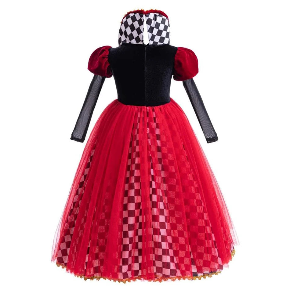 Girls Queen of Hearts Cosplay Dress Black White Checkered Skirt with Red Tulle Kids Halloween Costume Theme Party Outfit