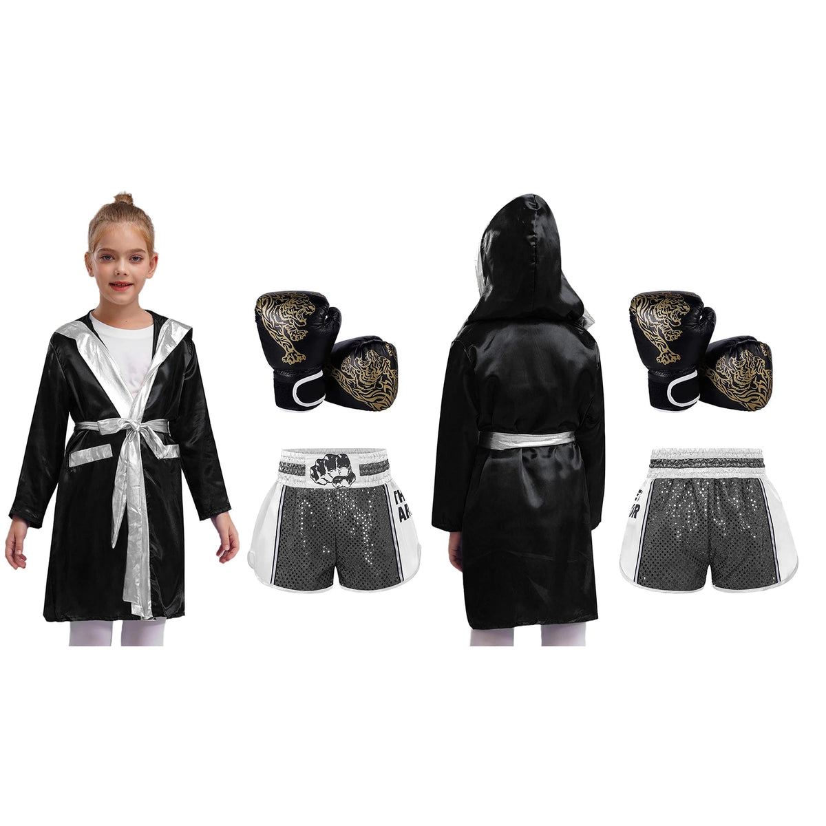 Kids Boxing Training Robe Halloween Carnival Party Boxer Cosplay Costume Long Sleeve Satin Belted Hooded Cloak Shorts Gloves