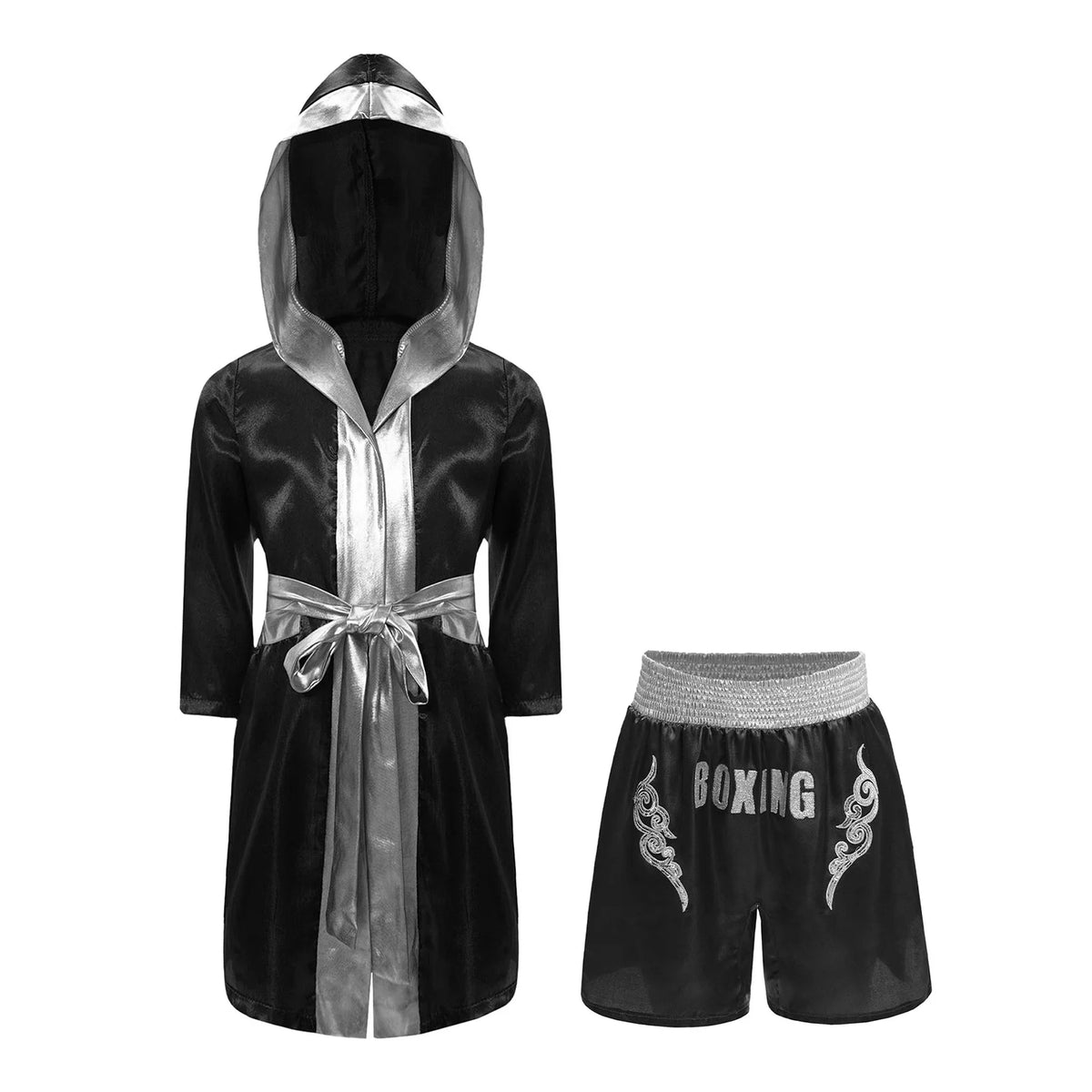Kids Boxing Training Robe Halloween Carnival Party Boxer Cosplay Costume Long Sleeve Satin Belted Hooded Cloak Shorts Gloves