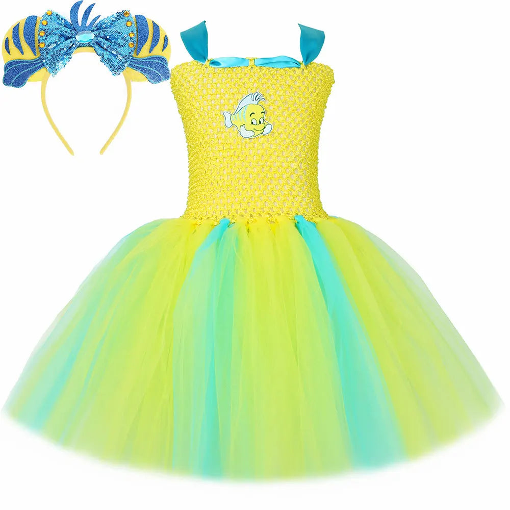 Flounder Costume Toddler Kids Little Mermaid Yellow Tropical Fish Tutu Dress Girls Halloween Carnival Birthday Party Dress Up