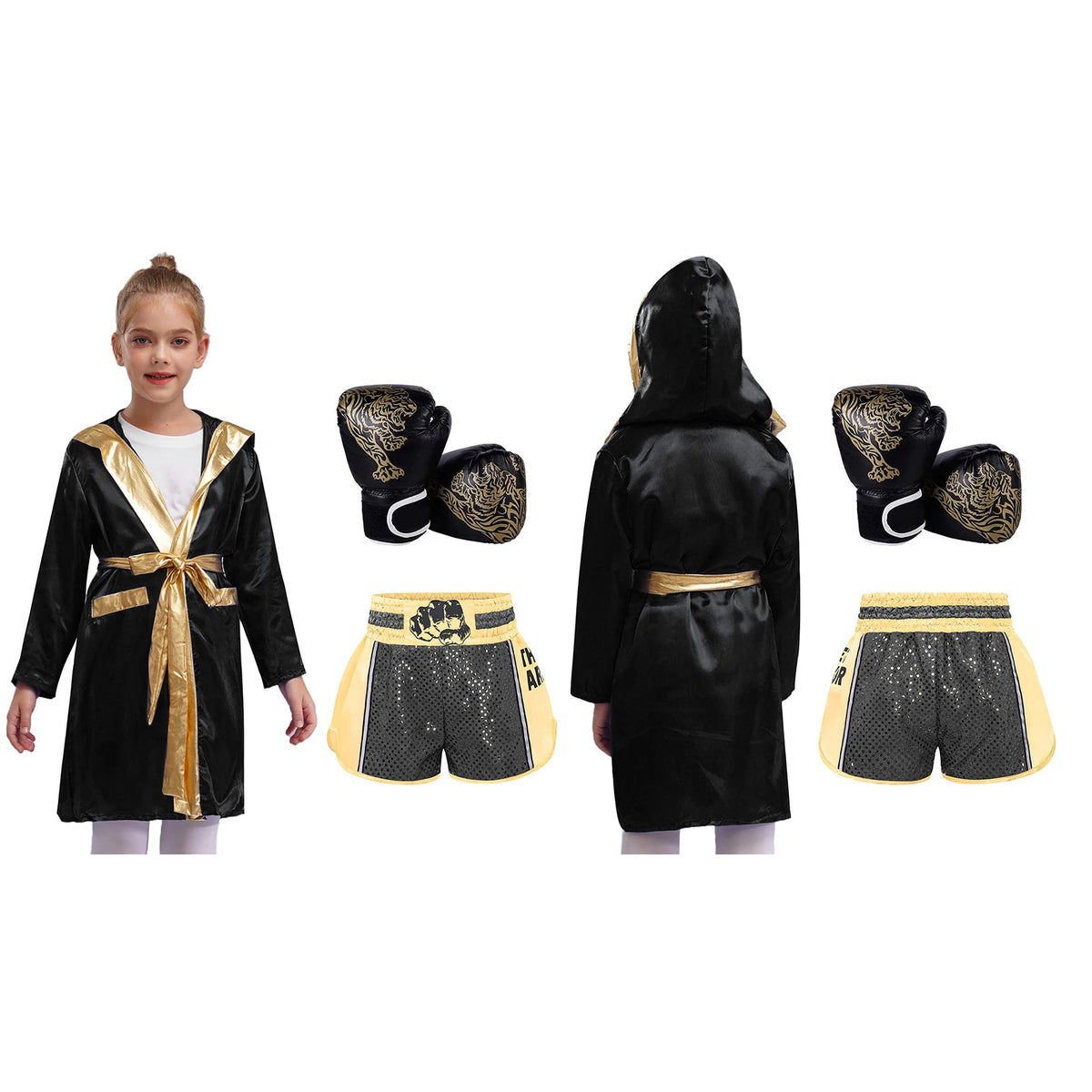Kids Boxing Training Robe Halloween Carnival Party Boxer Cosplay Costume Long Sleeve Satin Belted Hooded Cloak Shorts Gloves