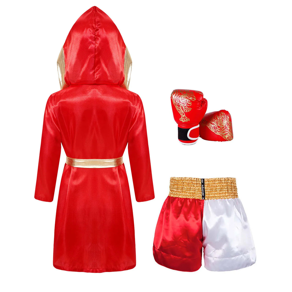 Kids Boxing Training Robe Halloween Carnival Party Boxer Cosplay Costume Long Sleeve Satin Belted Hooded Cloak Shorts Gloves