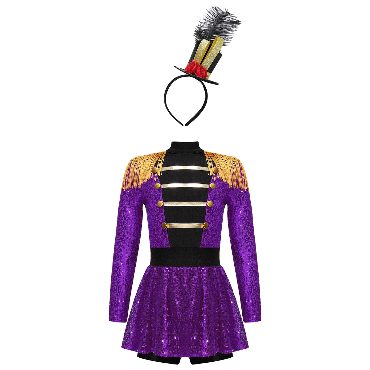 Kids Girls Halloween Circus Ringmaster Magician Costume Carnival Party Lion Tamer Cosplay Long Sleeve Sequins Leotard Dress Tutu