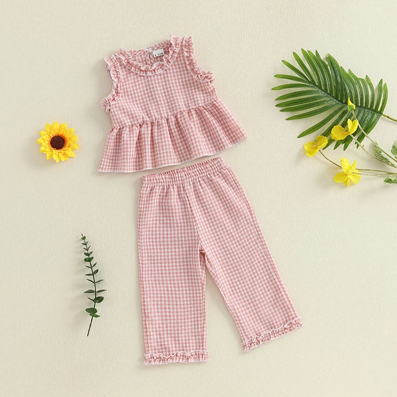Toddler Infant Baby Girl Summer Fall Outfit Plaid Gingham Ruffle Sleeveless Tank Tops Long Pants Set 2Pcs Clothes