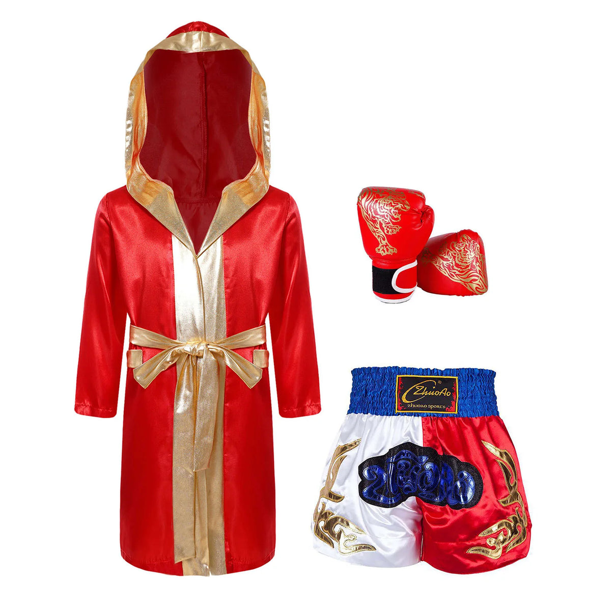 Kids Boxing Training Robe Halloween Carnival Party Boxer Cosplay Costume Long Sleeve Satin Belted Hooded Cloak Shorts Gloves