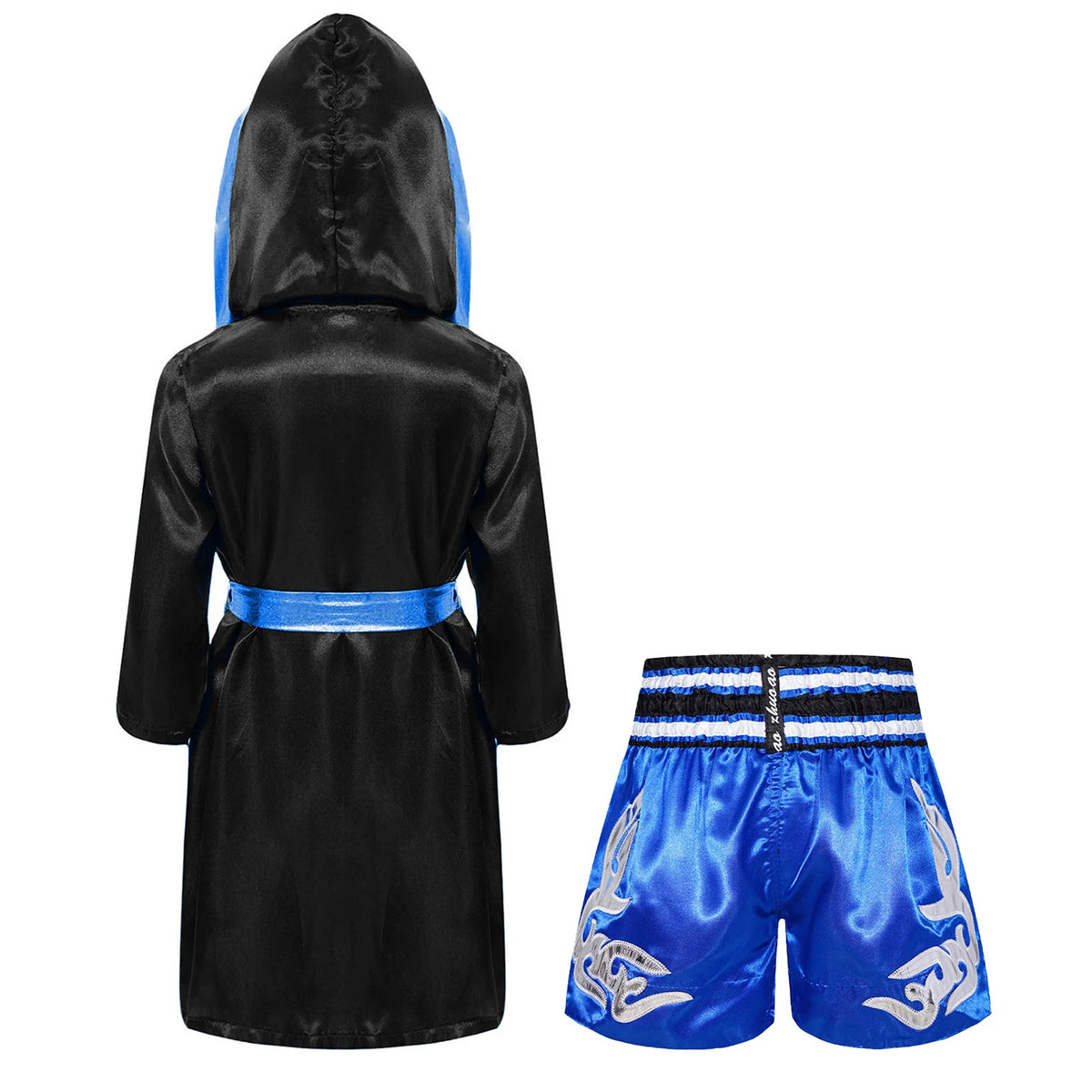Kids Boxing Training Robe Halloween Carnival Party Boxer Cosplay Costume Long Sleeve Satin Belted Hooded Cloak Shorts Gloves