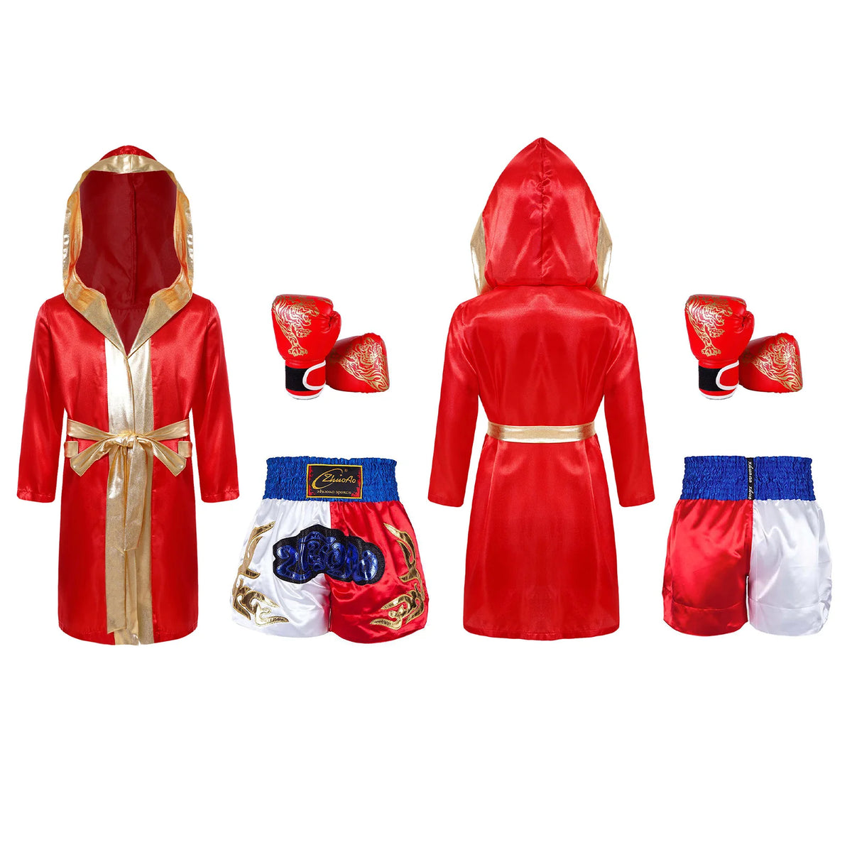 Kids Boxing Training Robe Halloween Carnival Party Boxer Cosplay Costume Long Sleeve Satin Belted Hooded Cloak Shorts Gloves