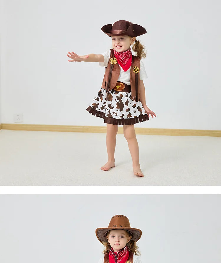 Kids Cowgirl Dress Complete Set  Western Cowboy Cowgirl Costume 4-Piece Set Christmas Play Outfit Halloween Clothes for Child
