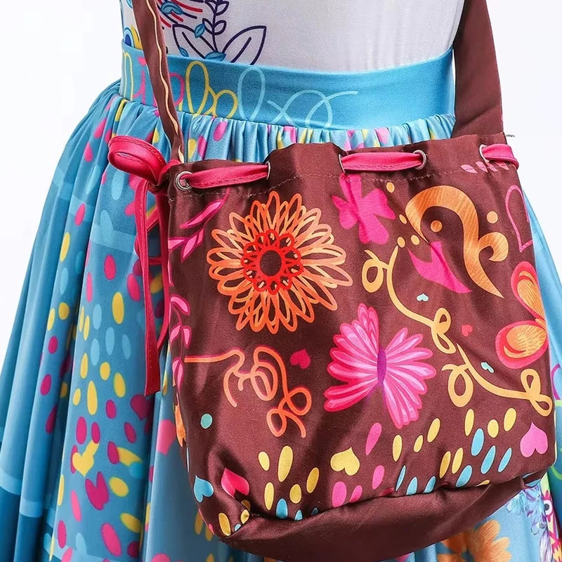 Girls Floral Print Cosplay Dress With Bag Kids Halloween Carnival Party Costume Children Birthday Evening Fancy Dress For Girls