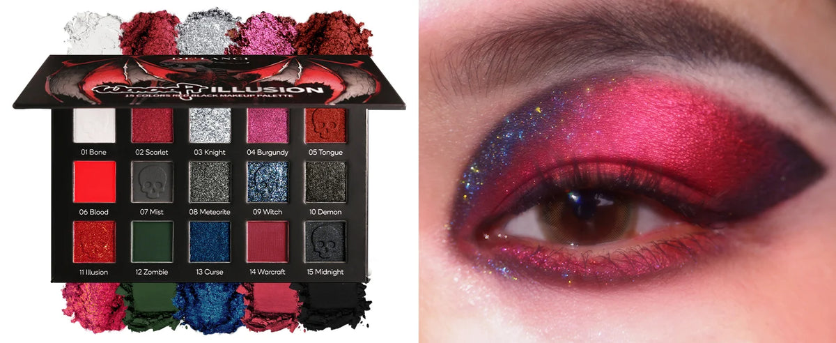 DE'LANCI 15 Colors Eyeshadow Palette Matte Shimmer Glitter Red Black Goth Eye Shadow Pallet for Halloween Lasting Eye Makeup