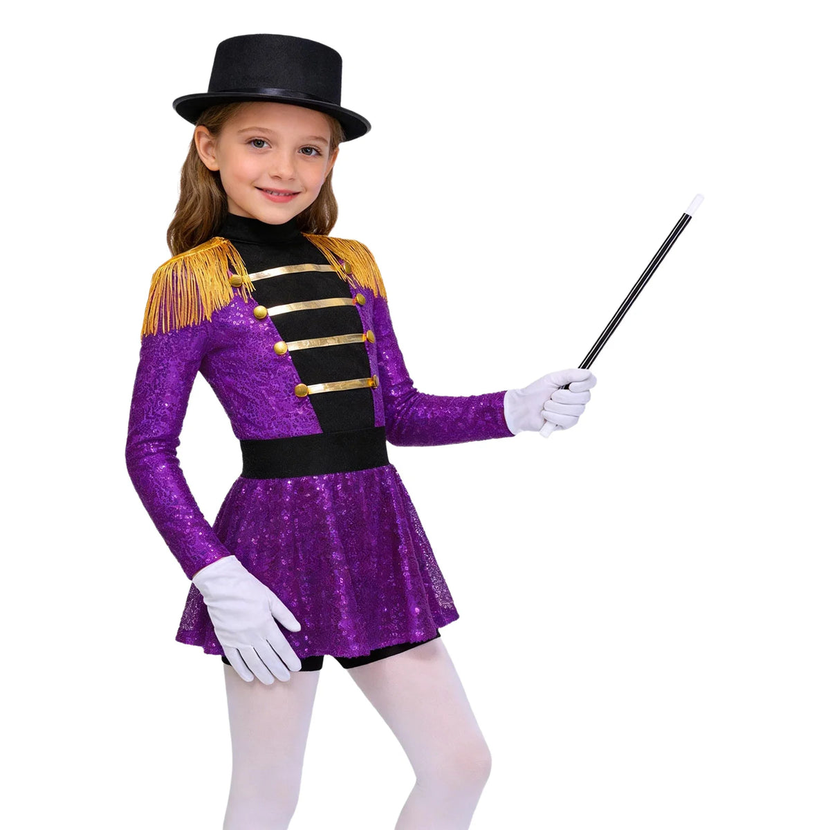 Kids Girls Halloween Circus Ringmaster Magician Costume Carnival Party Lion Tamer Cosplay Long Sleeve Sequins Leotard Dress Tutu