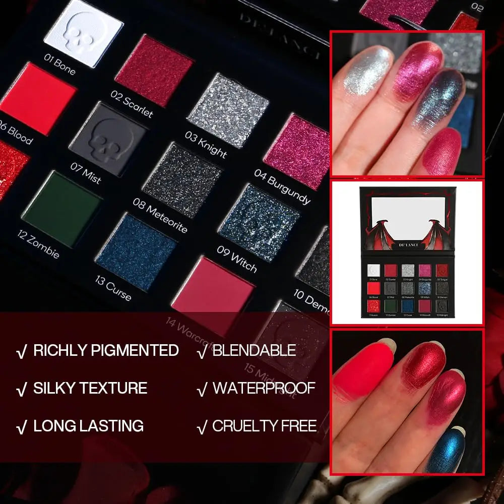 DE'LANCI 15 Colors Eyeshadow Palette Matte Shimmer Glitter Red Black Goth Eye Shadow Pallet for Halloween Lasting Eye Makeup