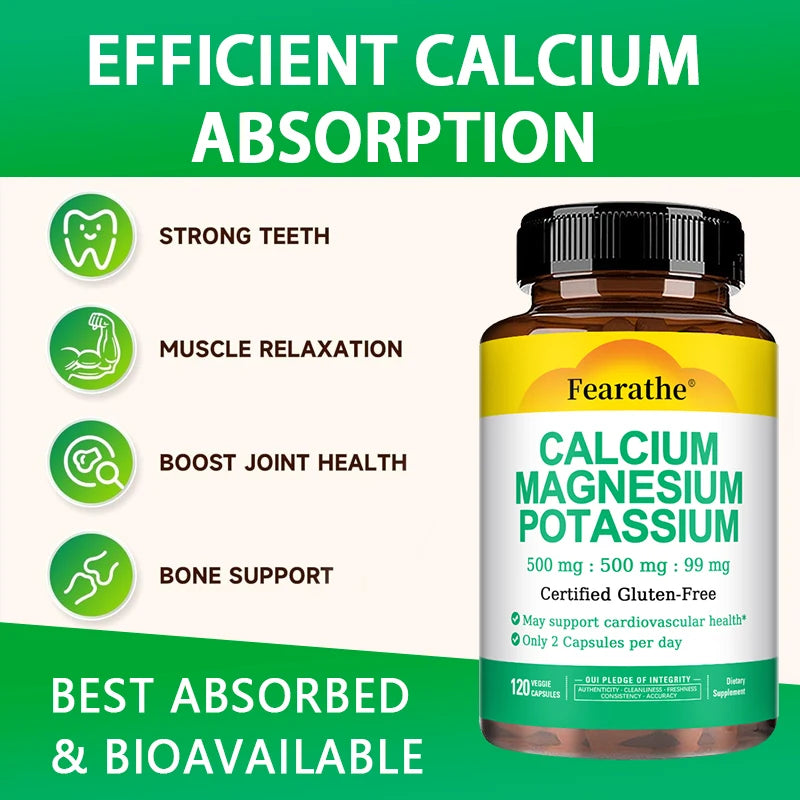Calcium Magnesium Potassium Supplement - 500mg/500mg/99mg Per 2 Tablets - Supports Cardiovascular Health - Certified Gluten-Free