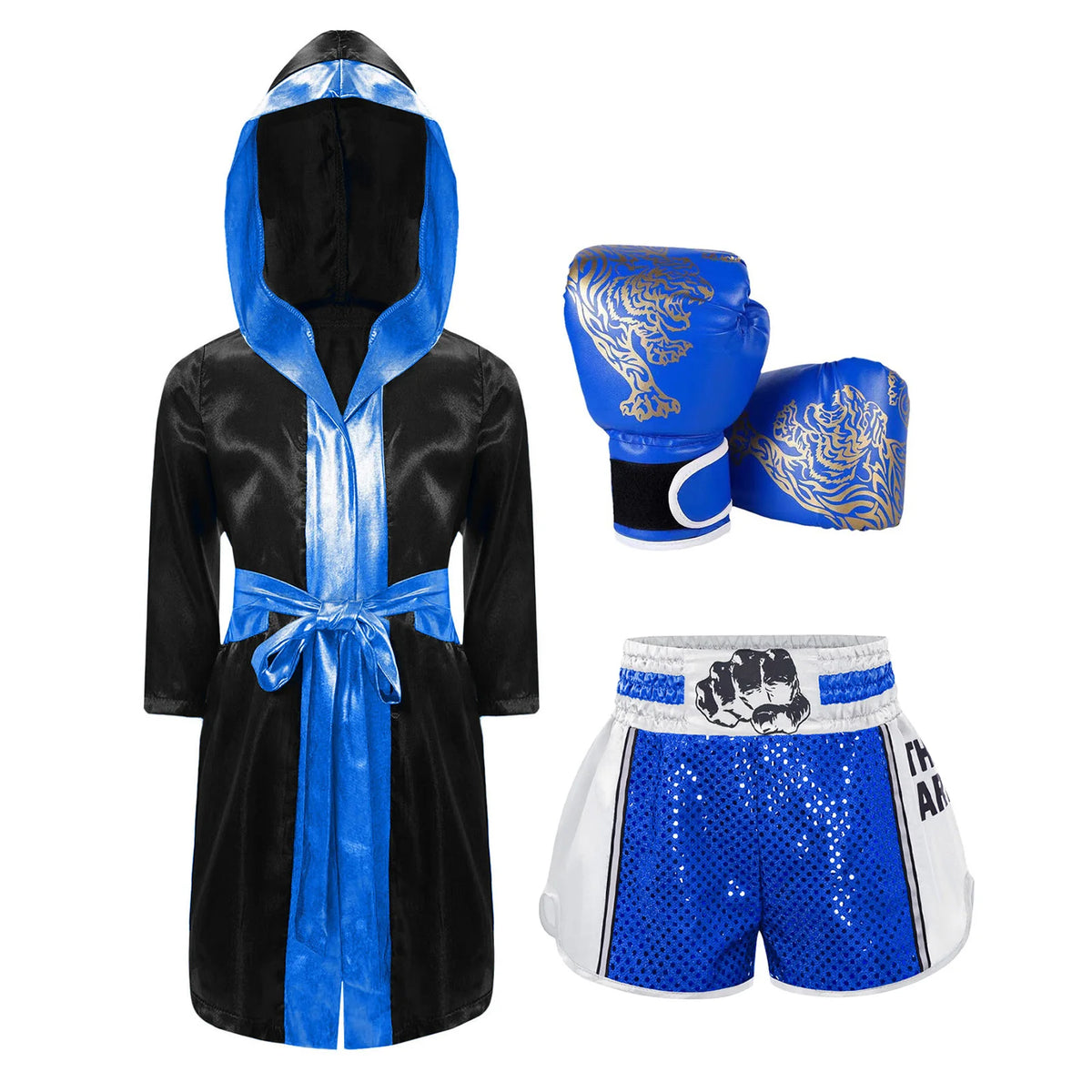 Kids Boxing Training Robe Halloween Carnival Party Boxer Cosplay Costume Long Sleeve Satin Belted Hooded Cloak Shorts Gloves