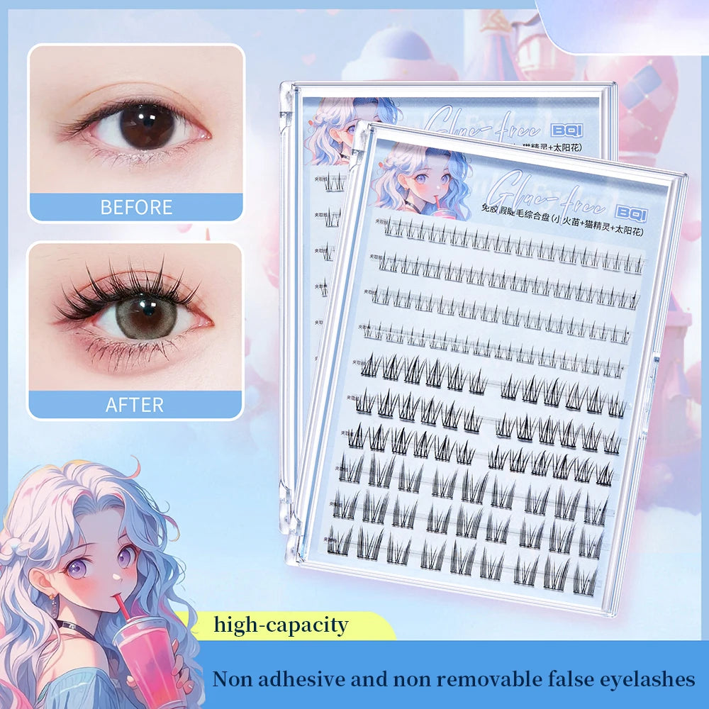BQI 10 Rows Camellia Glue-free Large-capacity False Eyelashes, Natural Upper And Lower Eyelashes, Daily Makeup False Eyelashes