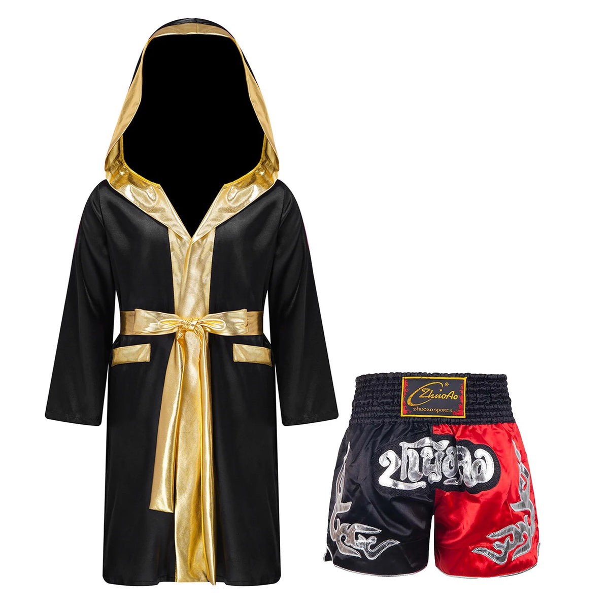 Kids Boxing Training Robe Halloween Carnival Party Boxer Cosplay Costume Long Sleeve Satin Belted Hooded Cloak Shorts Gloves