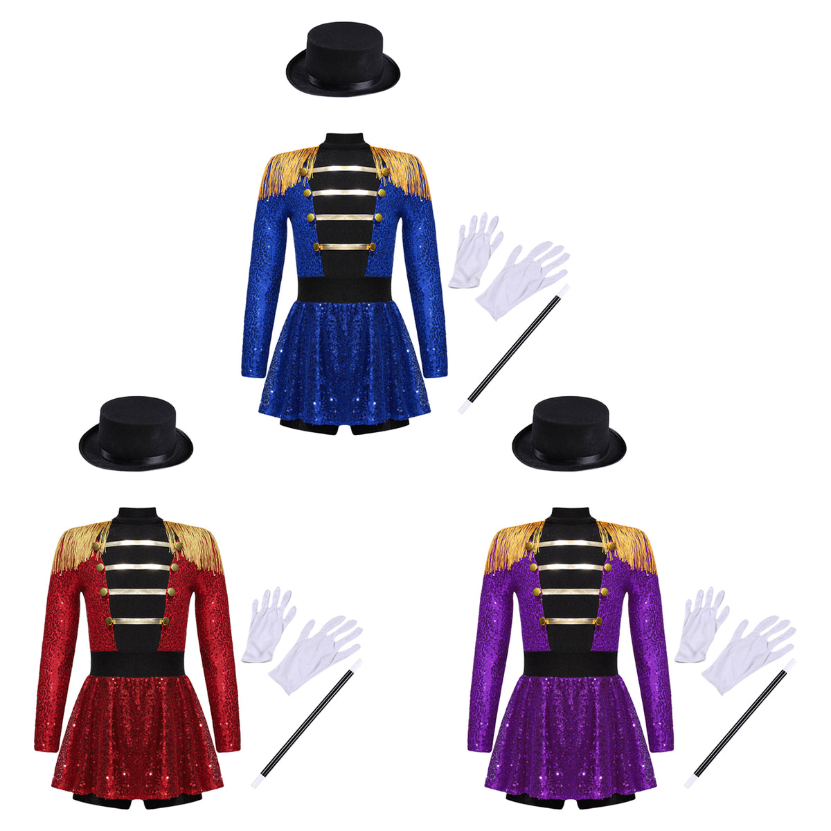 Kids Girls Halloween Circus Ringmaster Magician Costume Carnival Party Lion Tamer Cosplay Long Sleeve Sequins Leotard Dress Tutu