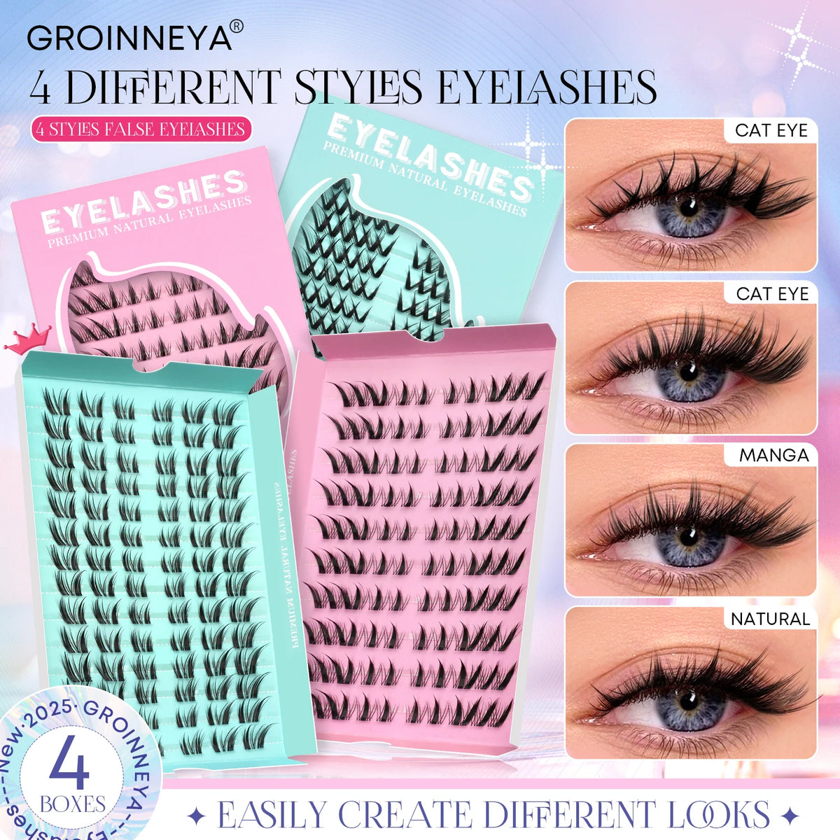 GROINNEYA Cat Eye Lashes DIY Lash Clusters Extension Manga Cluster Eyelashes Soft Cross Mixed Tray Natural False Lashes Makeup