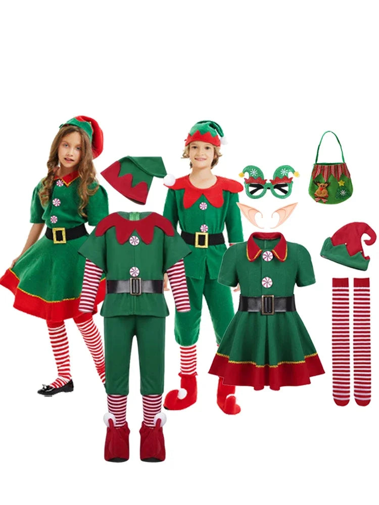 Boys Girls New Christmas Santa Claus Costume Green Elf Cosplay Family Carnival Party Halloween Fancy Dress Clothes Set