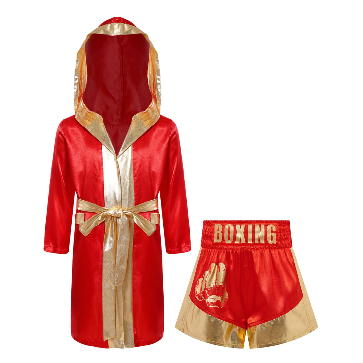 Kids Boxing Training Robe Halloween Carnival Party Boxer Cosplay Costume Long Sleeve Satin Belted Hooded Cloak Shorts Gloves