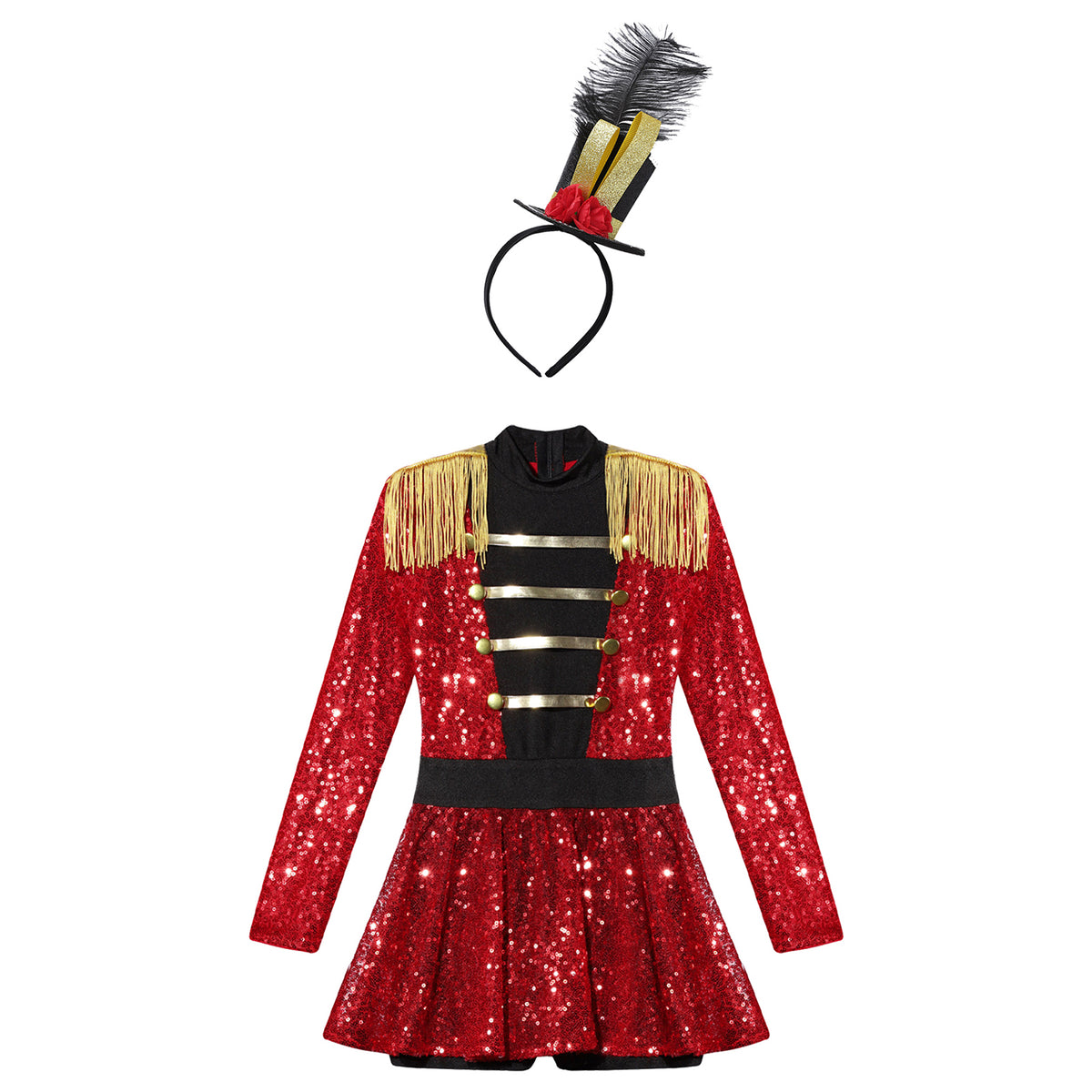 Kids Girls Halloween Circus Ringmaster Magician Costume Carnival Party Lion Tamer Cosplay Long Sleeve Sequins Leotard Dress Tutu