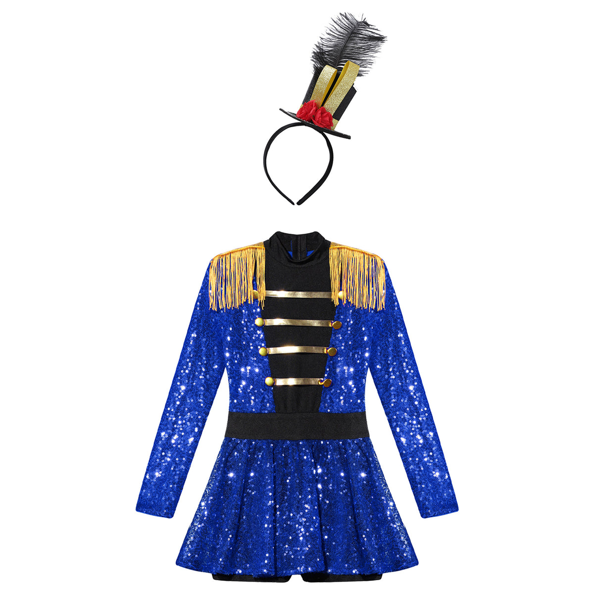 Kids Girls Halloween Circus Ringmaster Magician Costume Carnival Party Lion Tamer Cosplay Long Sleeve Sequins Leotard Dress Tutu