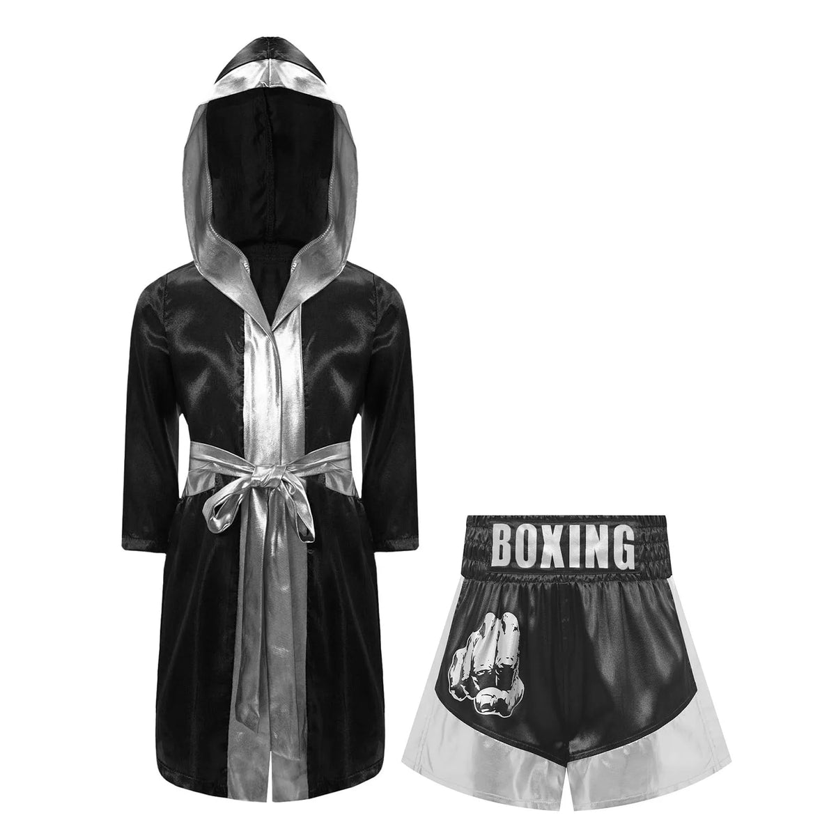 Kids Boxing Training Robe Halloween Carnival Party Boxer Cosplay Costume Long Sleeve Satin Belted Hooded Cloak Shorts Gloves