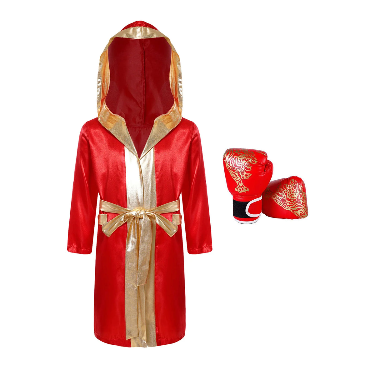 Kids Boxing Training Robe Halloween Carnival Party Boxer Cosplay Costume Long Sleeve Satin Belted Hooded Cloak Shorts Gloves