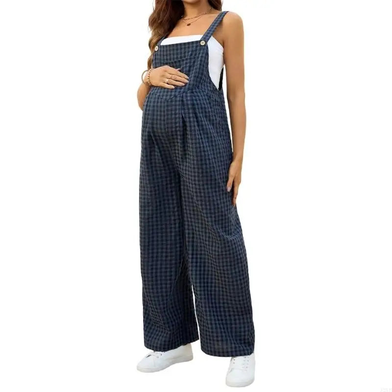 Maternity Overalls Plaids Pattern Lightweight Elastic Comfortable for Pregnancy Women All Season Wear Polyester Fabric A2UB