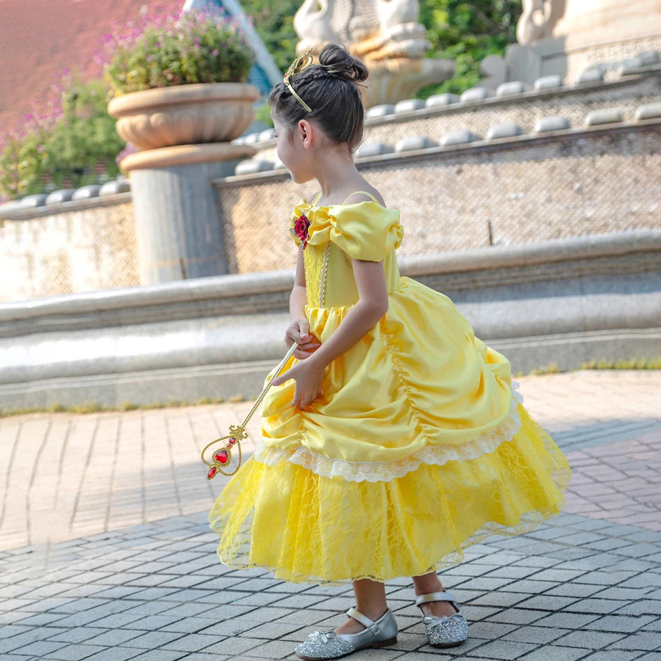 Girls Belle Princess Dress Yellow Party Dress Puff Sleeve Ruched Bodice Lace Hem Princess Gown for Kids Halloween Cosplay Party