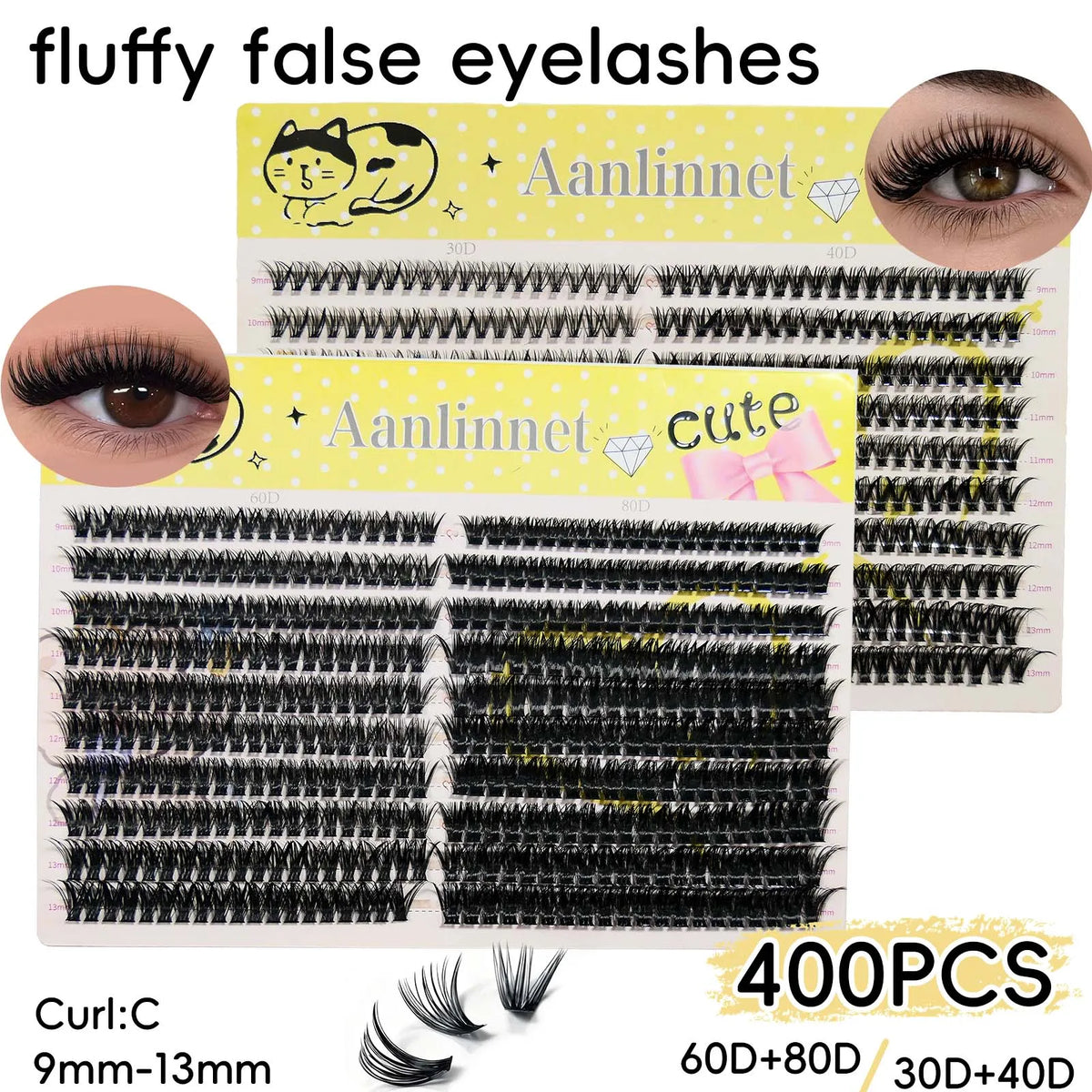 20 rows, 400 clusters of 3D false eyelashes, natural eyelash extension, makeup, thick eyelashes, 30/40/60/80D eyelash book