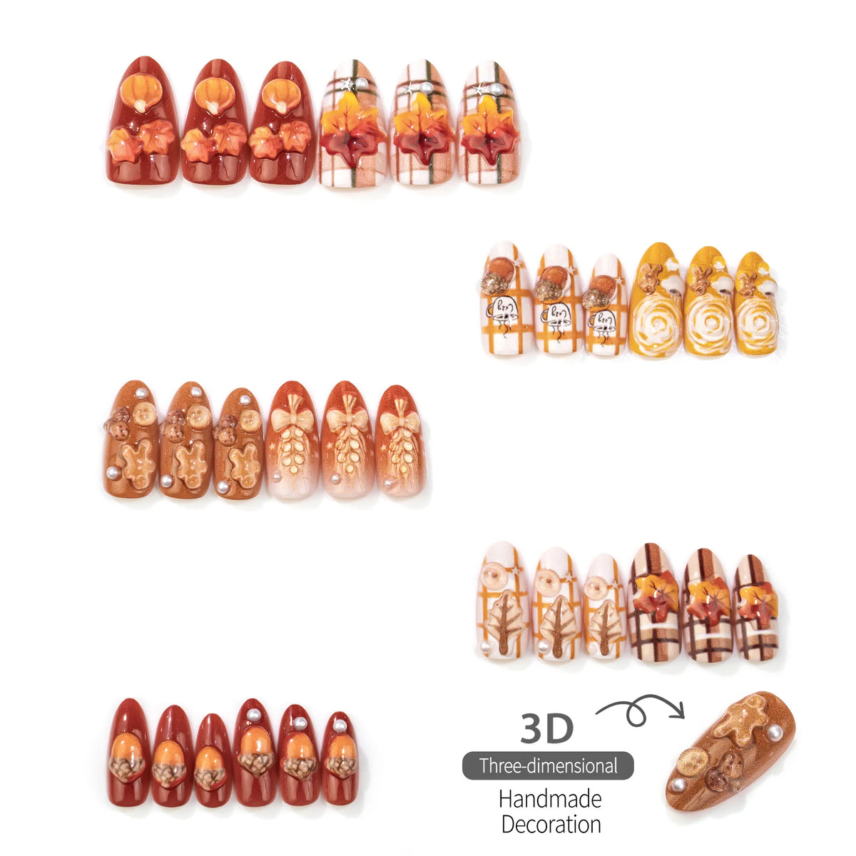 30pcs Autumn Press On Nails 3D Maple Leaf Pumpkin Acorn Fake Nail Long Almond Pumpkin Acorn False Nail for Women&Girl