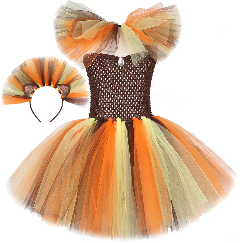 Jungle King Lion Halloween Costumes for Girls Kids Animal Fancy Tutu Dress Children Cosplay Outfit for Birthday Carnival Party