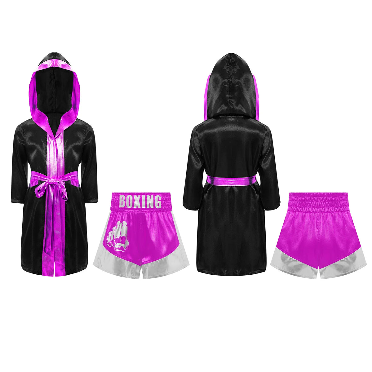 Kids Boxing Training Robe Halloween Carnival Party Boxer Cosplay Costume Long Sleeve Satin Belted Hooded Cloak Shorts Gloves