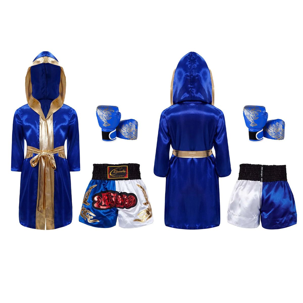 Kids Boxing Training Robe Halloween Carnival Party Boxer Cosplay Costume Long Sleeve Satin Belted Hooded Cloak Shorts Gloves