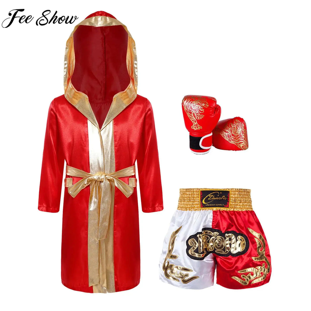 Kids Boxing Training Robe Halloween Carnival Party Boxer Cosplay Costume Long Sleeve Satin Belted Hooded Cloak Shorts Gloves