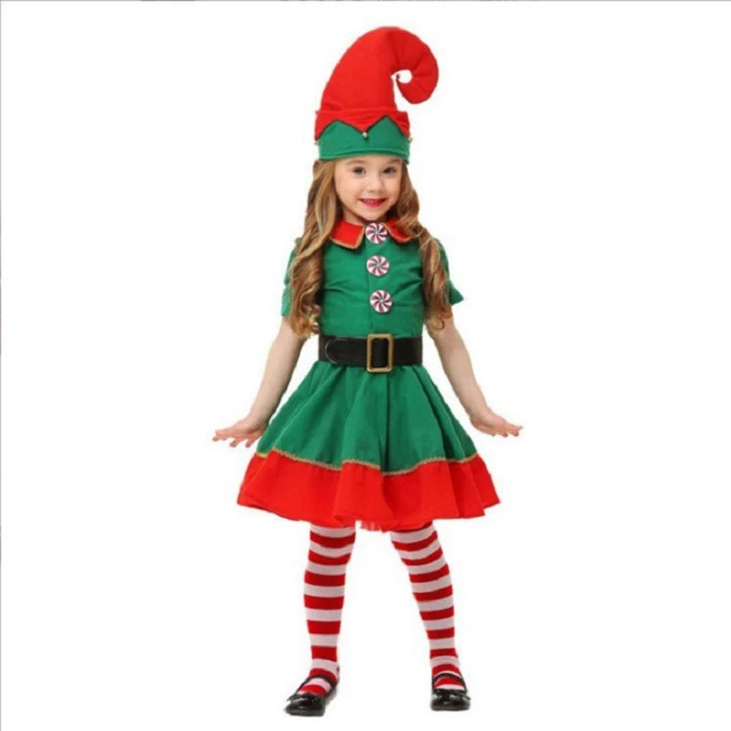 Boys Girls New Christmas Santa Claus Costume Green Elf Cosplay Family Carnival Party Halloween Fancy Dress Clothes Set