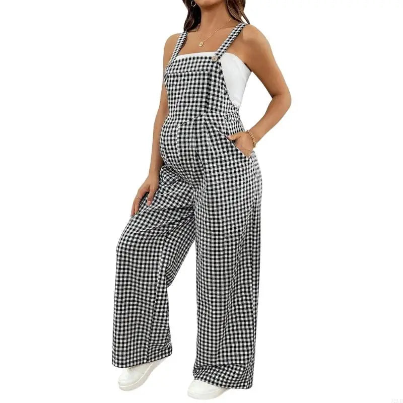 Maternity Overalls Plaids Pattern Lightweight Elastic Comfortable for Pregnancy Women All Season Wear Polyester Fabric A2UB