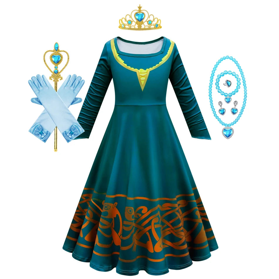 Movie Cosplay Brave Merida Costume for Girls Halloween Princess Dress Kids Carnival Fantasia Children Xmas Party Clothing