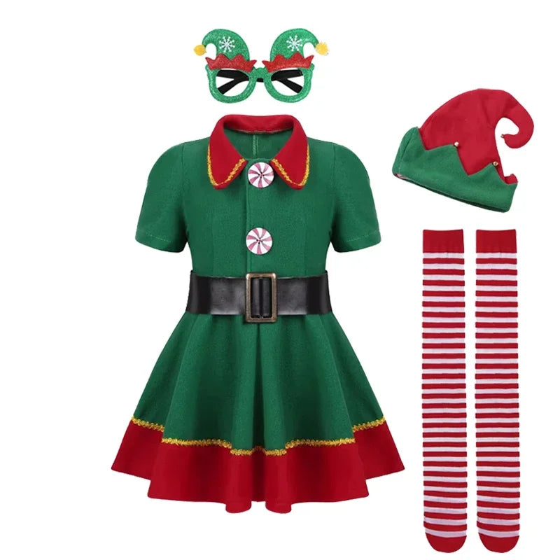 Boys Girls New Christmas Santa Claus Costume Green Elf Cosplay Family Carnival Party Halloween Fancy Dress Clothes Set