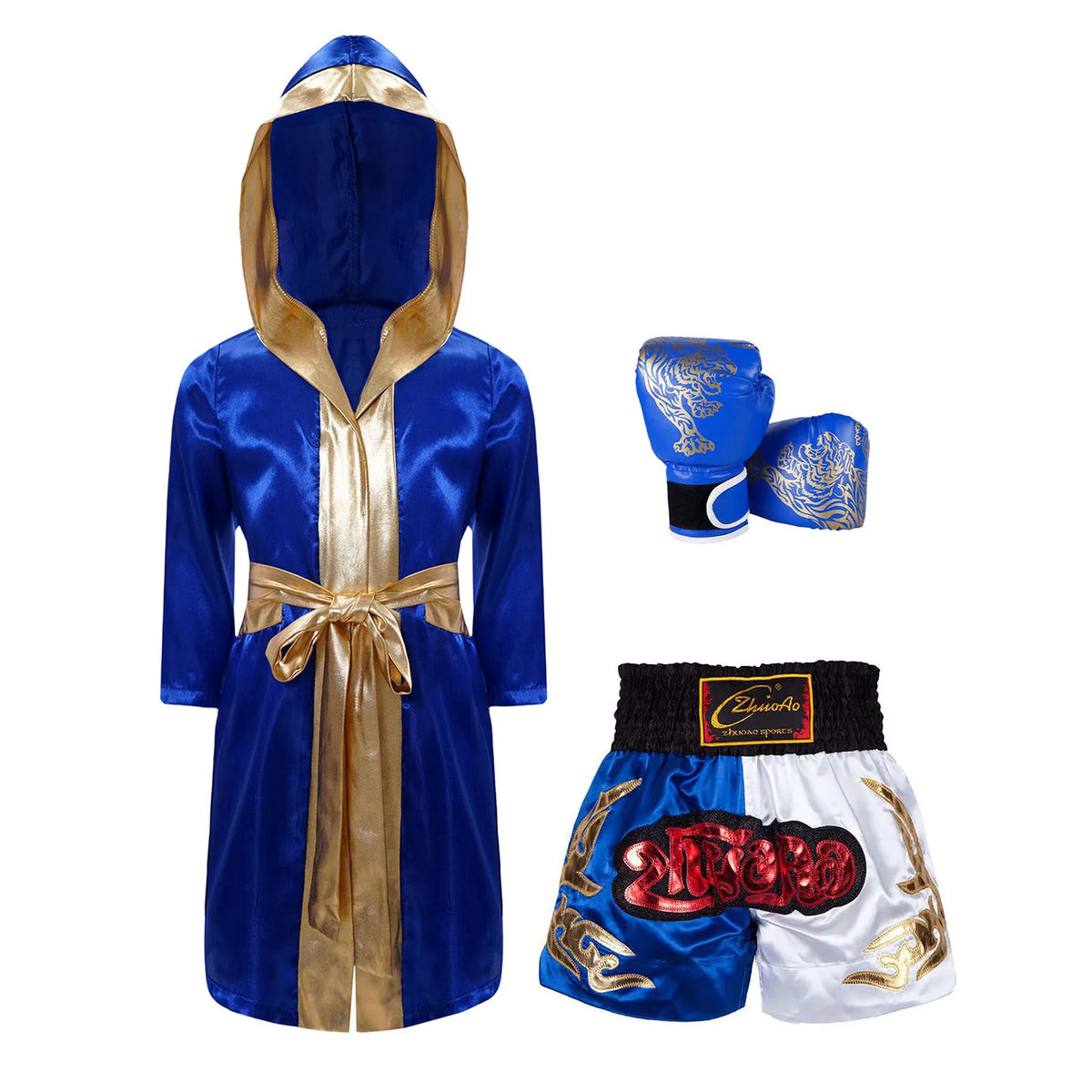 Kids Boxing Training Robe Halloween Carnival Party Boxer Cosplay Costume Long Sleeve Satin Belted Hooded Cloak Shorts Gloves