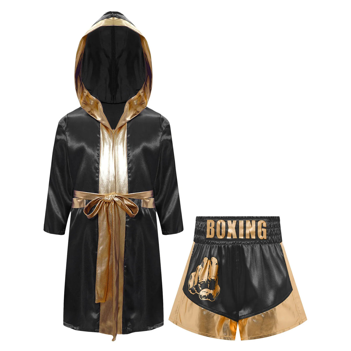 Kids Boxing Training Robe Halloween Carnival Party Boxer Cosplay Costume Long Sleeve Satin Belted Hooded Cloak Shorts Gloves
