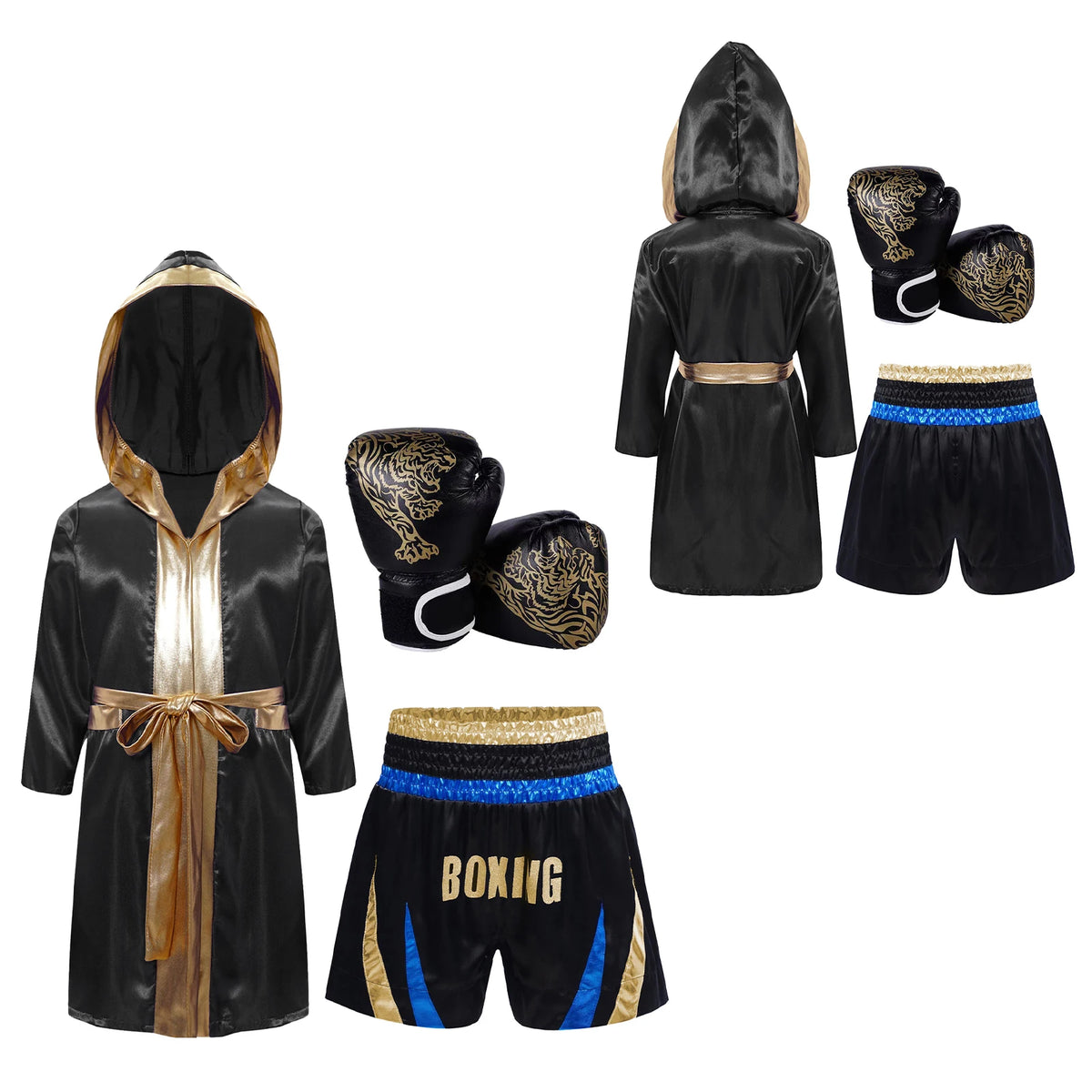 Kids Boxing Training Robe Halloween Carnival Party Boxer Cosplay Costume Long Sleeve Satin Belted Hooded Cloak Shorts Gloves