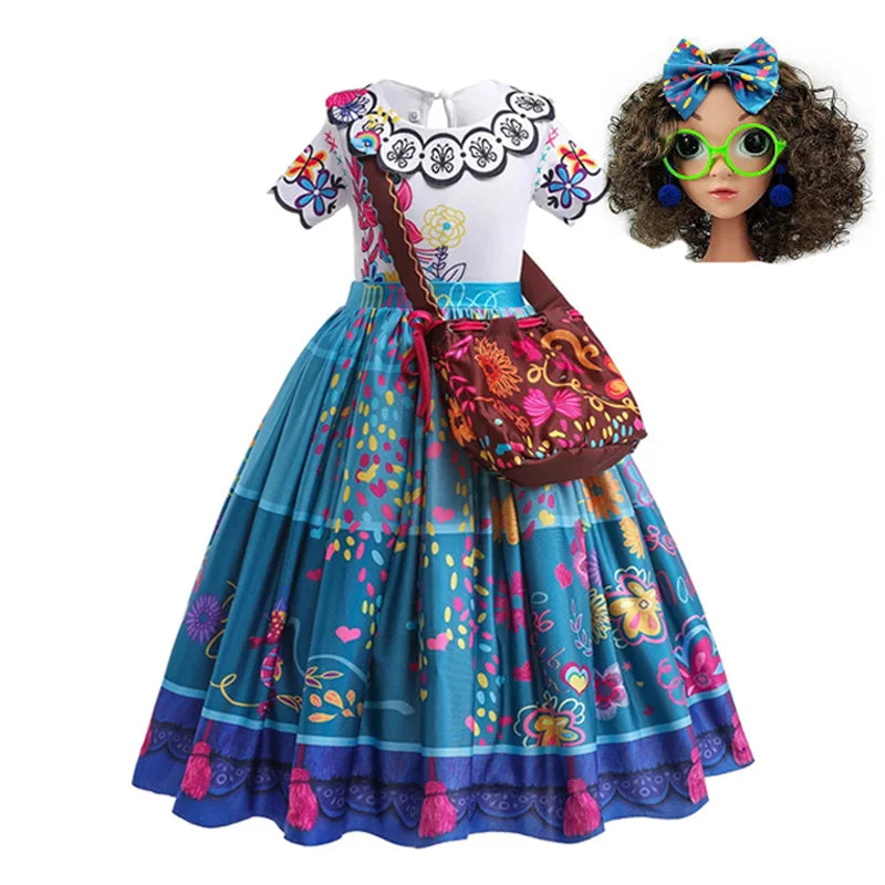 Girls Floral Print Cosplay Dress With Bag Kids Halloween Carnival Party Costume Children Birthday Evening Fancy Dress For Girls