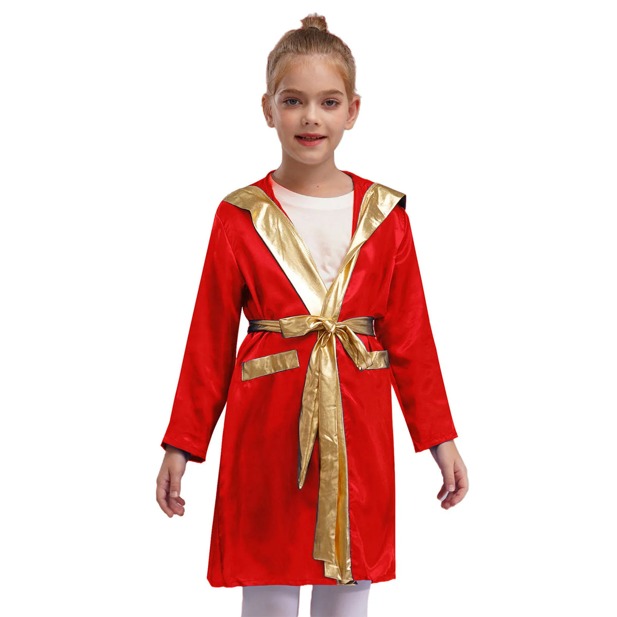 Kids Boxing Training Robe Halloween Carnival Party Boxer Cosplay Costume Long Sleeve Satin Belted Hooded Cloak Shorts Gloves