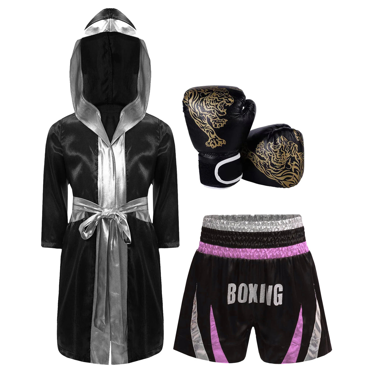 Kids Boxing Training Robe Halloween Carnival Party Boxer Cosplay Costume Long Sleeve Satin Belted Hooded Cloak Shorts Gloves