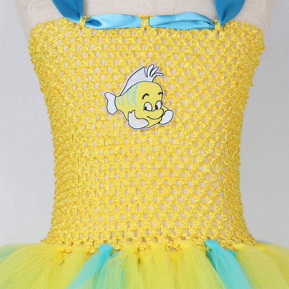 Flounder Costume Toddler Kids Little Mermaid Yellow Tropical Fish Tutu Dress Girls Halloween Carnival Birthday Party Dress Up