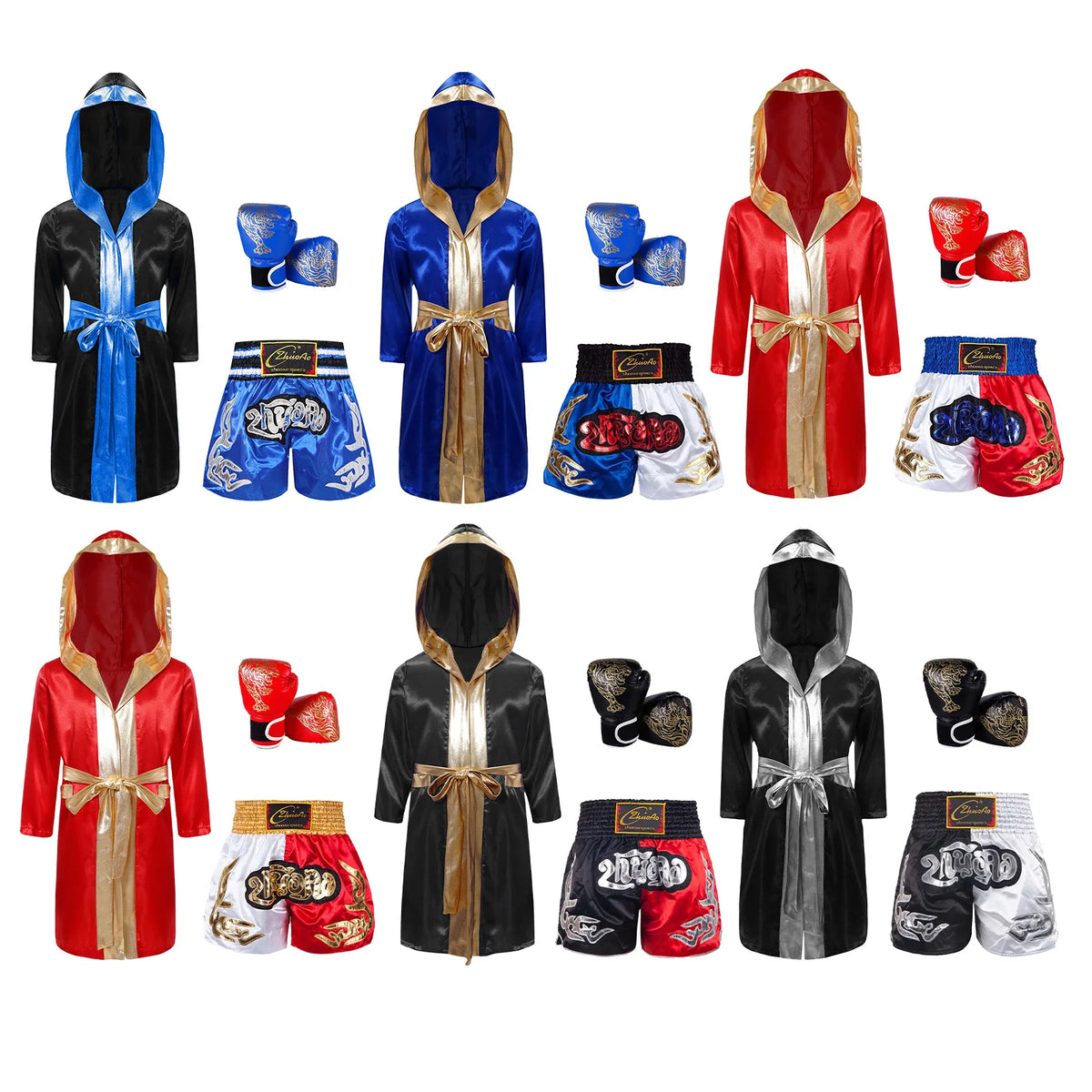 Kids Boxing Training Robe Halloween Carnival Party Boxer Cosplay Costume Long Sleeve Satin Belted Hooded Cloak Shorts Gloves