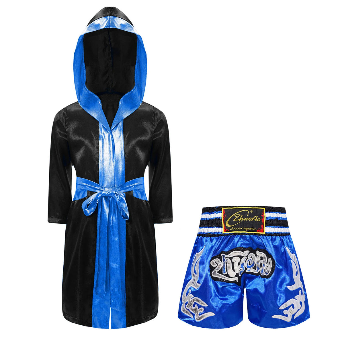 Kids Boxing Training Robe Halloween Carnival Party Boxer Cosplay Costume Long Sleeve Satin Belted Hooded Cloak Shorts Gloves